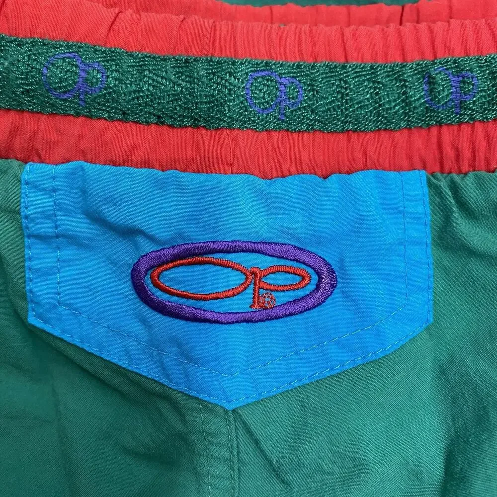 Vintage OP Ocean Pacific Swim Trunks Mens L Green Red Retro 90s Beach Shorts